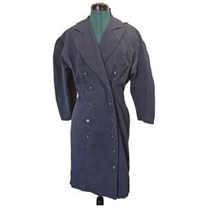 Womens Vintage 80s Navy Blue Puff Sleeve Double Breasted Jacket Midi Dress 1989s